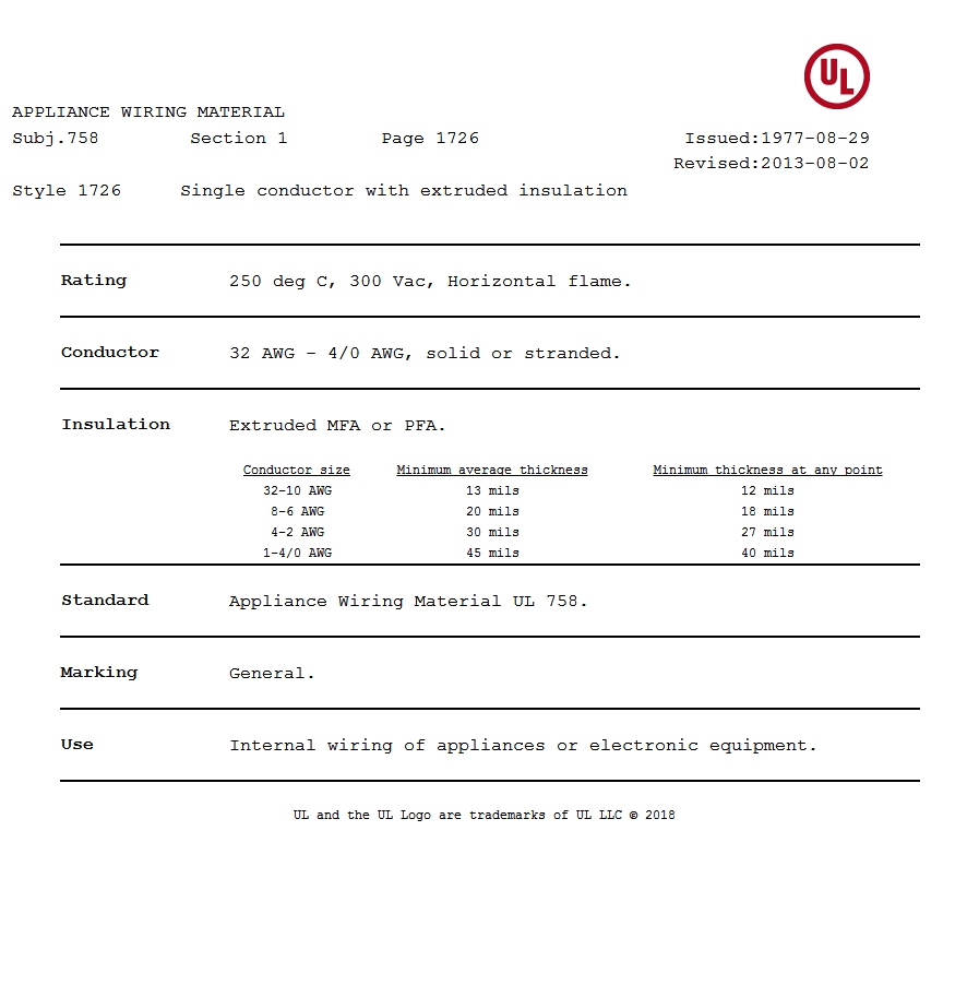 美国UL 1726 铁氟龙电线认证报告 