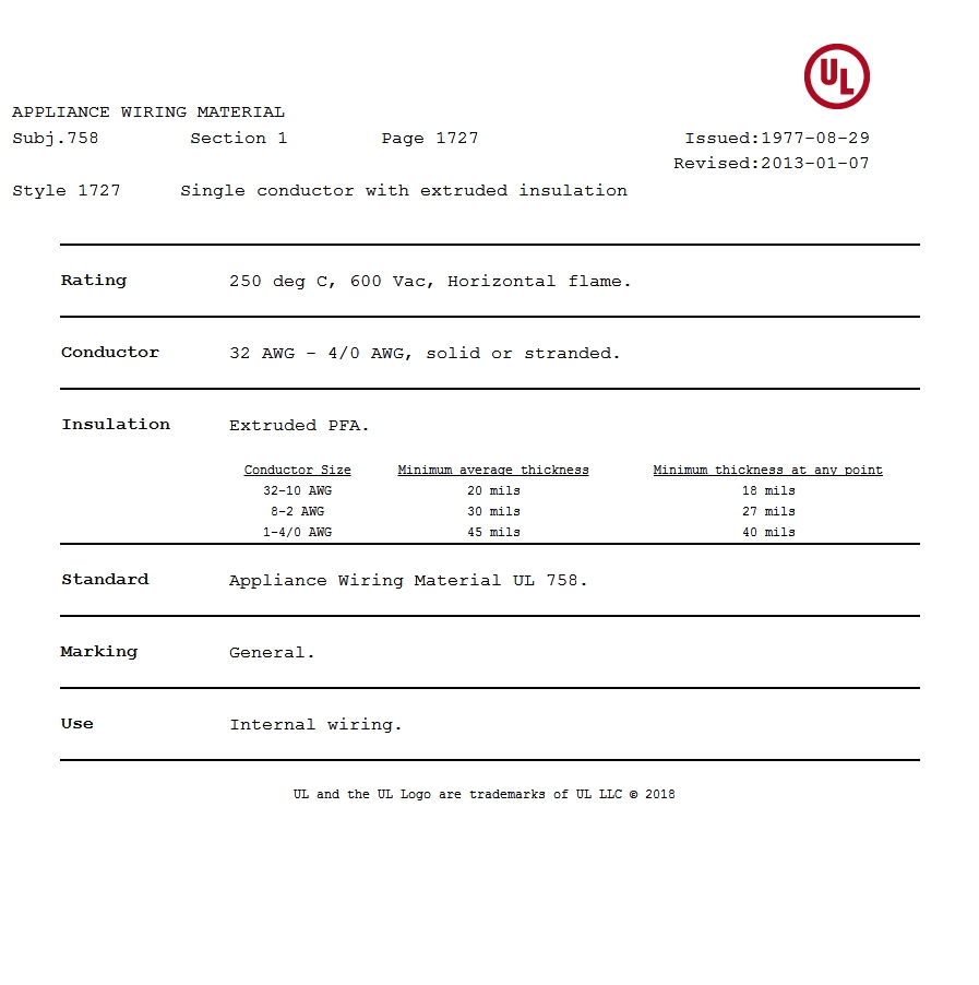 美国UL 1727 铁氟龙电线认证报告 